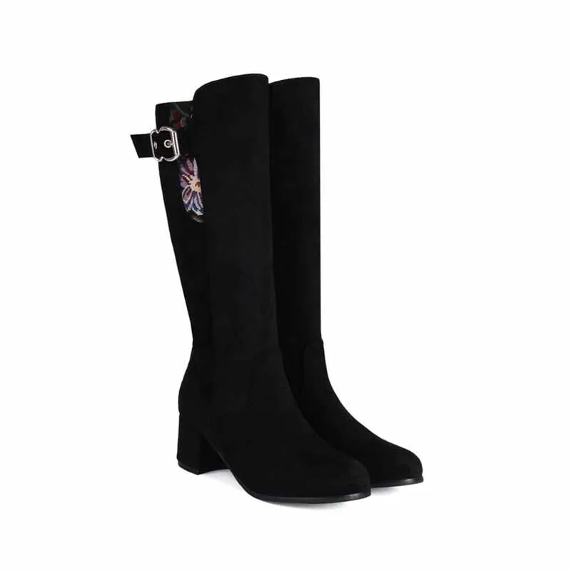 Women's suede chunky heeled knee high boots