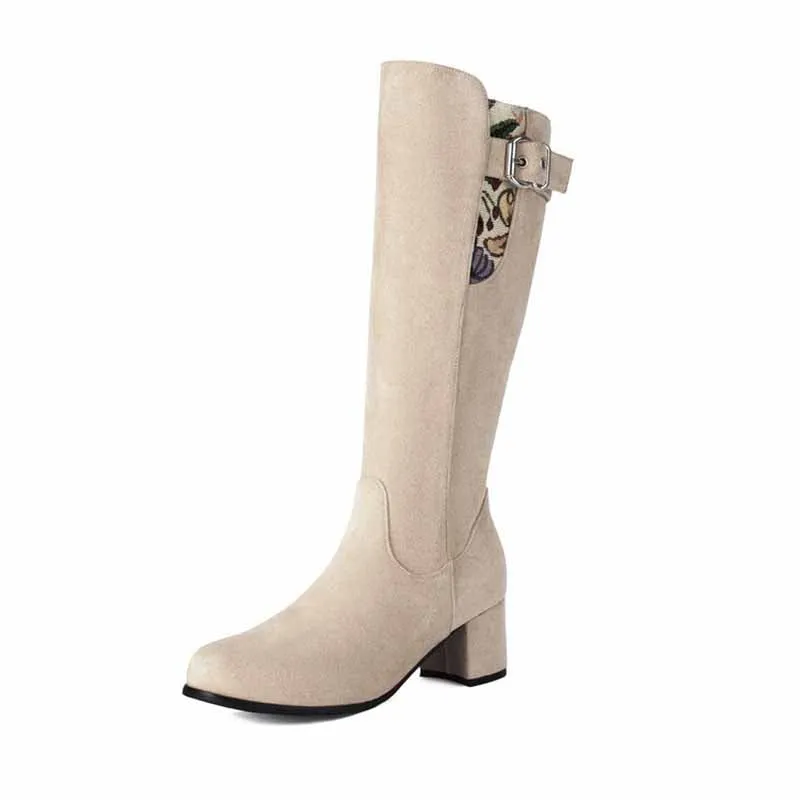 Women's suede chunky heeled knee high boots