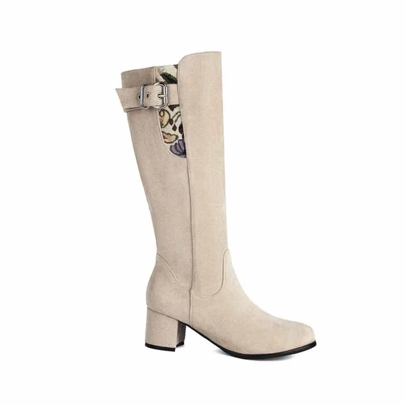Women's suede chunky heeled knee high boots