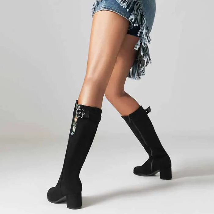 Women's suede chunky heeled knee high boots