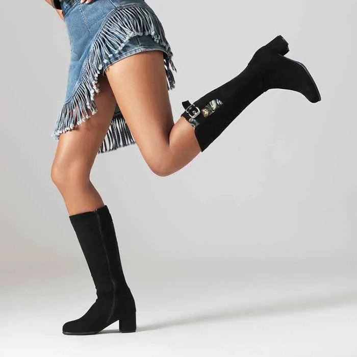 Women's suede chunky heeled knee high boots