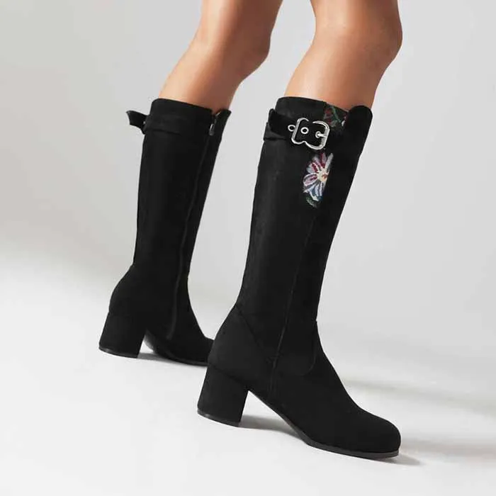 Women's suede chunky heeled knee high boots