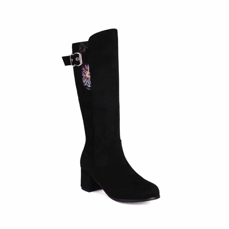 Women's suede chunky heeled knee high boots