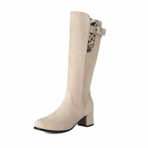 Women's suede chunky heeled knee high boots
