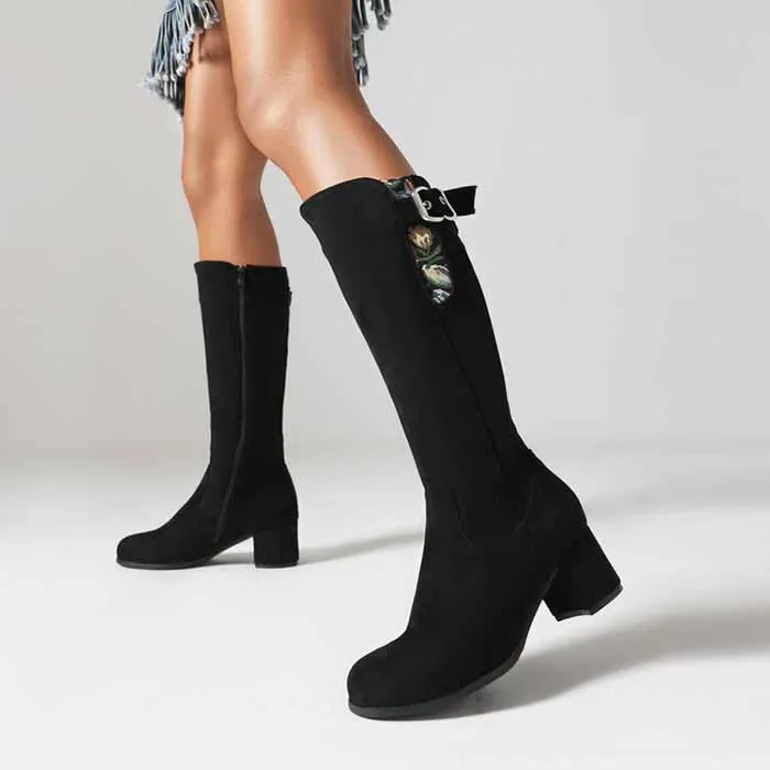 Women's suede chunky heeled knee high boots