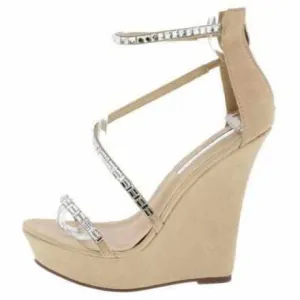 Women's Tans Rhinestone Platform Wedge Wedding Sandals
