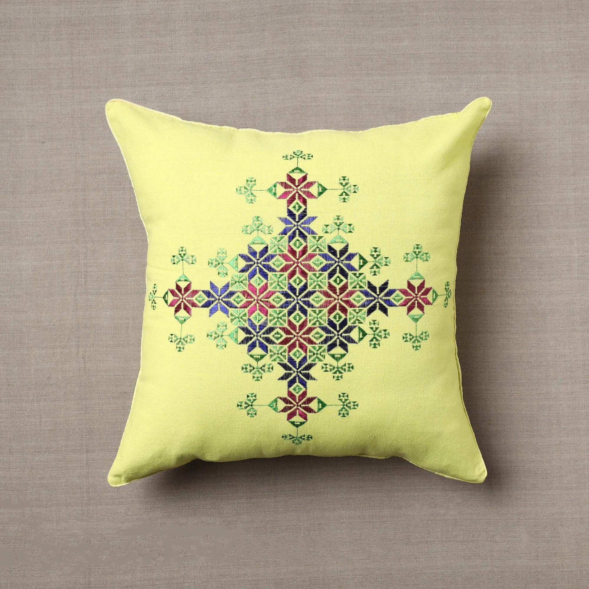 Yellow - Soof Embroidery Cotton Cushion Cover (16 x 16 in)